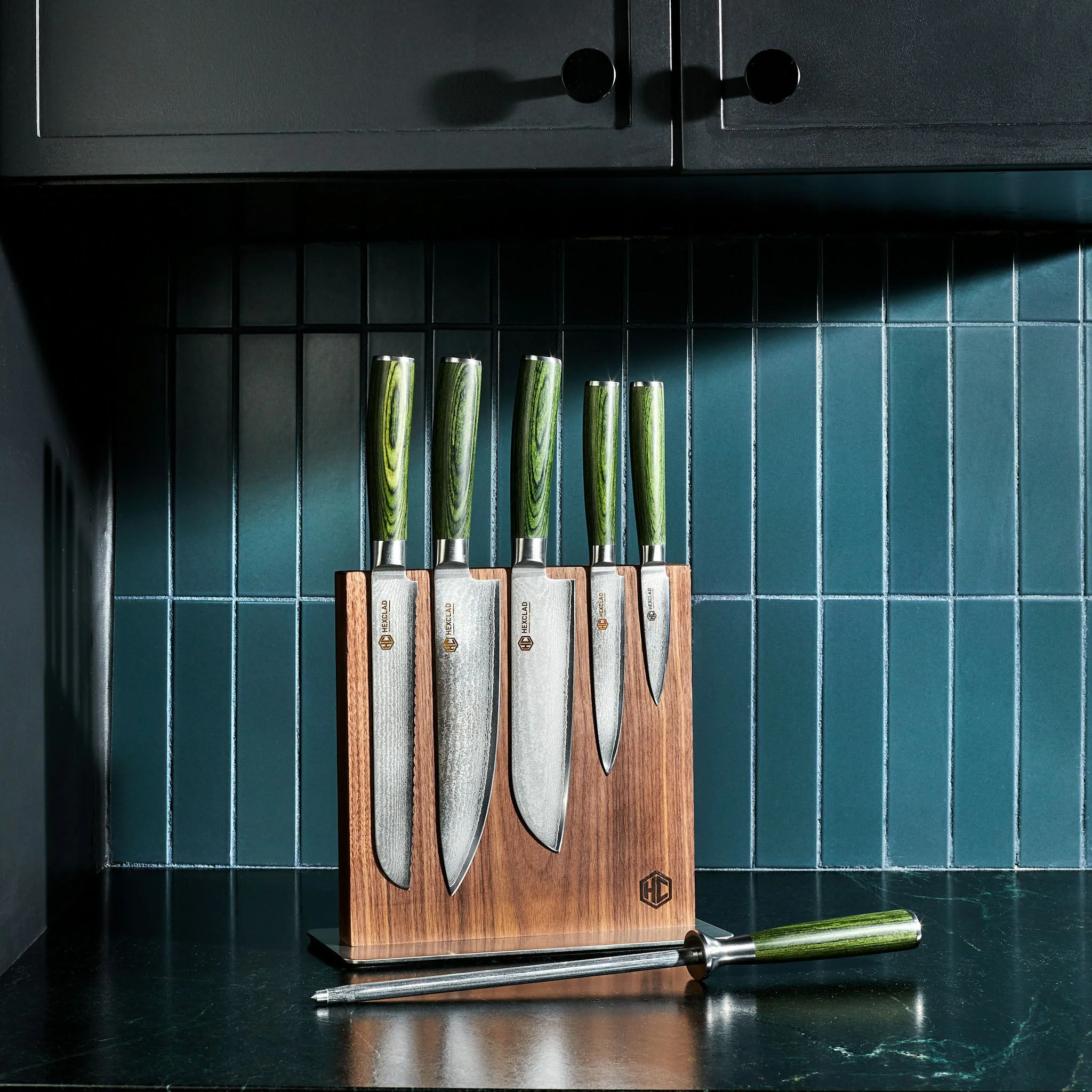 6 pc Japanese Damascus Steel Knife Set w/ Magnetic Knife Block - Image 4